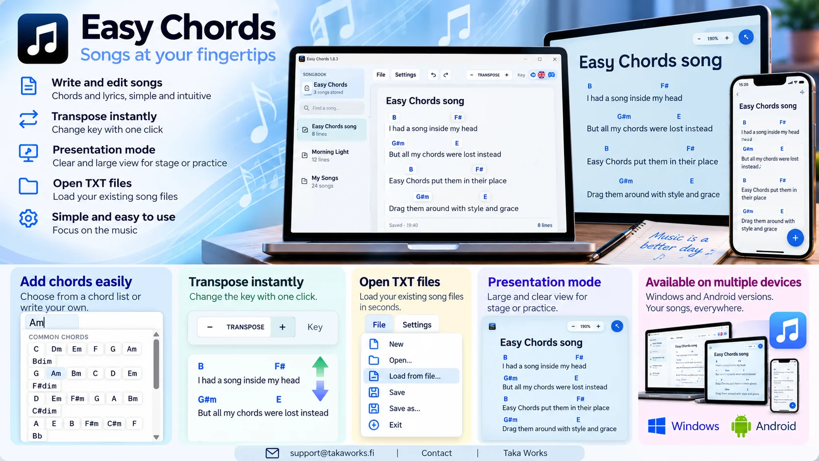 Easy Chords promotional overview: song editing, transposing, chord selection, TXT file import and presentation mode